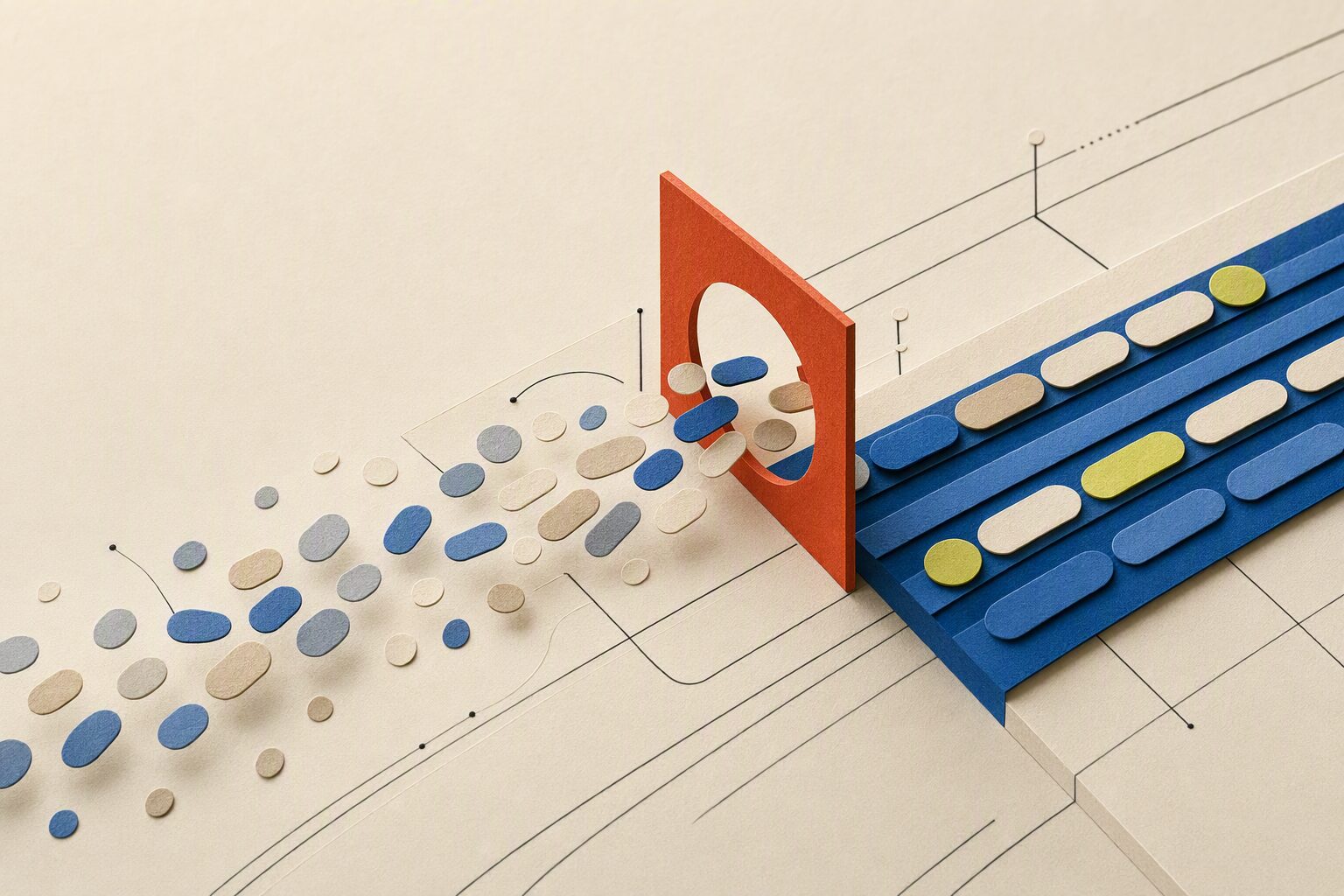 Abstract paper shapes passing through a red cue gate and aligning along a blue reading path